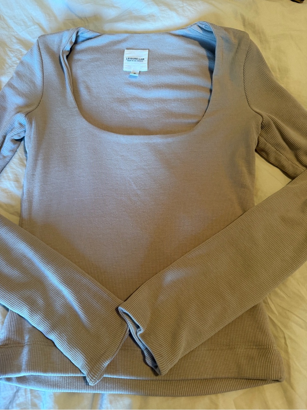 Long Sleeve Ribbed Scoop Neck Top - Taupe